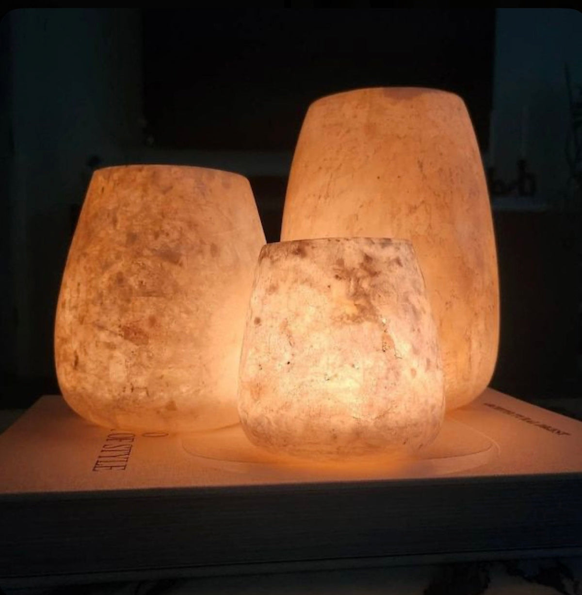 Handmade Egyptian alabaster tealight holder carved from natural stone