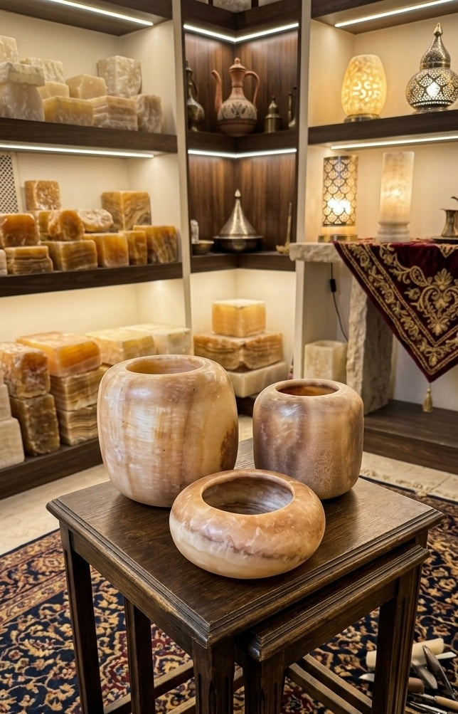  A collection of small, round, alabaster candle holders in various shades of brown and white. The candle holders are arranged on a wooden surface.x