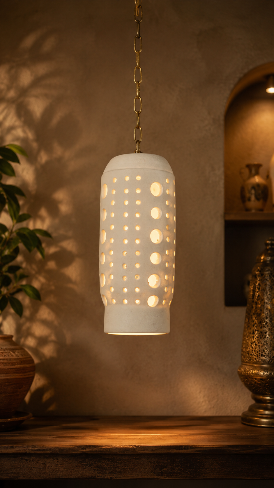 A cylindrical white pendant light with a perforated cutout pattern, glowing with warm yellow light from within. It hangs from a gold-toned chain in a rustic, warmly lit room with a textured beige wall, a wooden table, and decorative plants and vases.