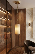 Handmade Natural Alabaster Pendant Light - Cylinder Stone Hanging Lamp for Bedroom & Kitchen Island - Luxury Ambient Lighting with Gold or Bronze Chain.
