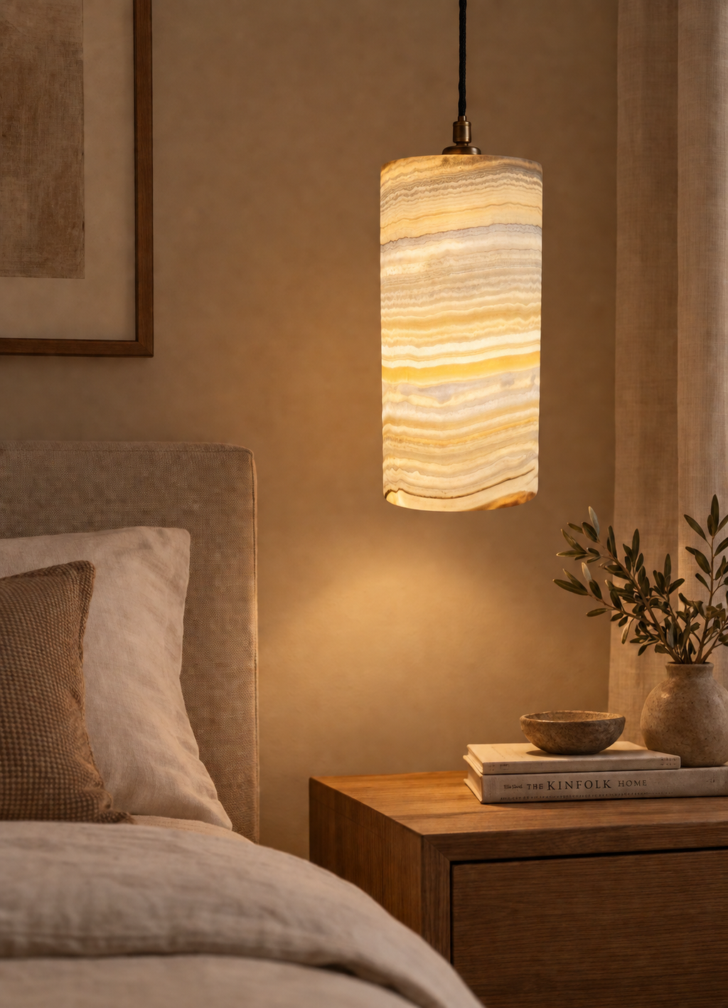 Handmade Natural Alabaster Pendant Light - Cylinder Stone Hanging Lamp for Bedroom & Kitchen Island - Luxury Ambient Lighting with Gold or Bronze Chain.