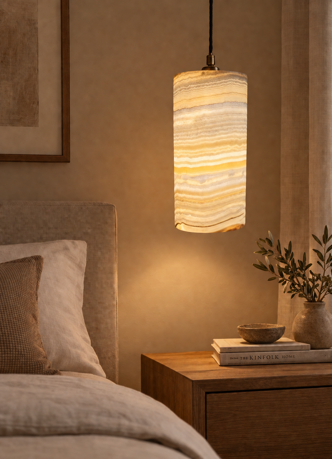 Handmade Natural Alabaster Pendant Light - Cylinder Stone Hanging Lamp for Bedroom & Kitchen Island - Luxury Ambient Lighting with Gold or Bronze Chain.
