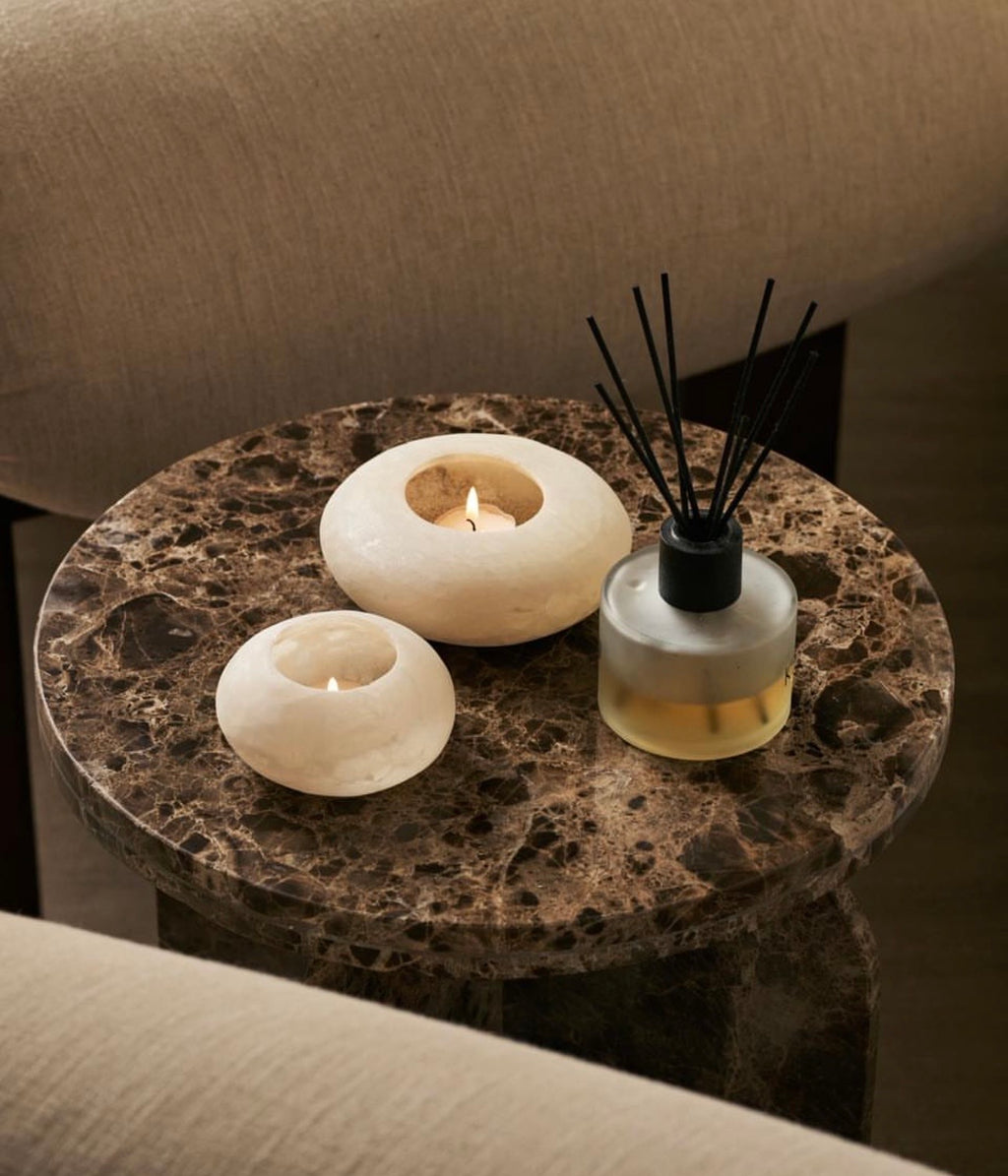 Alabaster Tealight Candle Holder- Frisbee , Alabaster pebble, Flat White Alabaster Tealight Holder