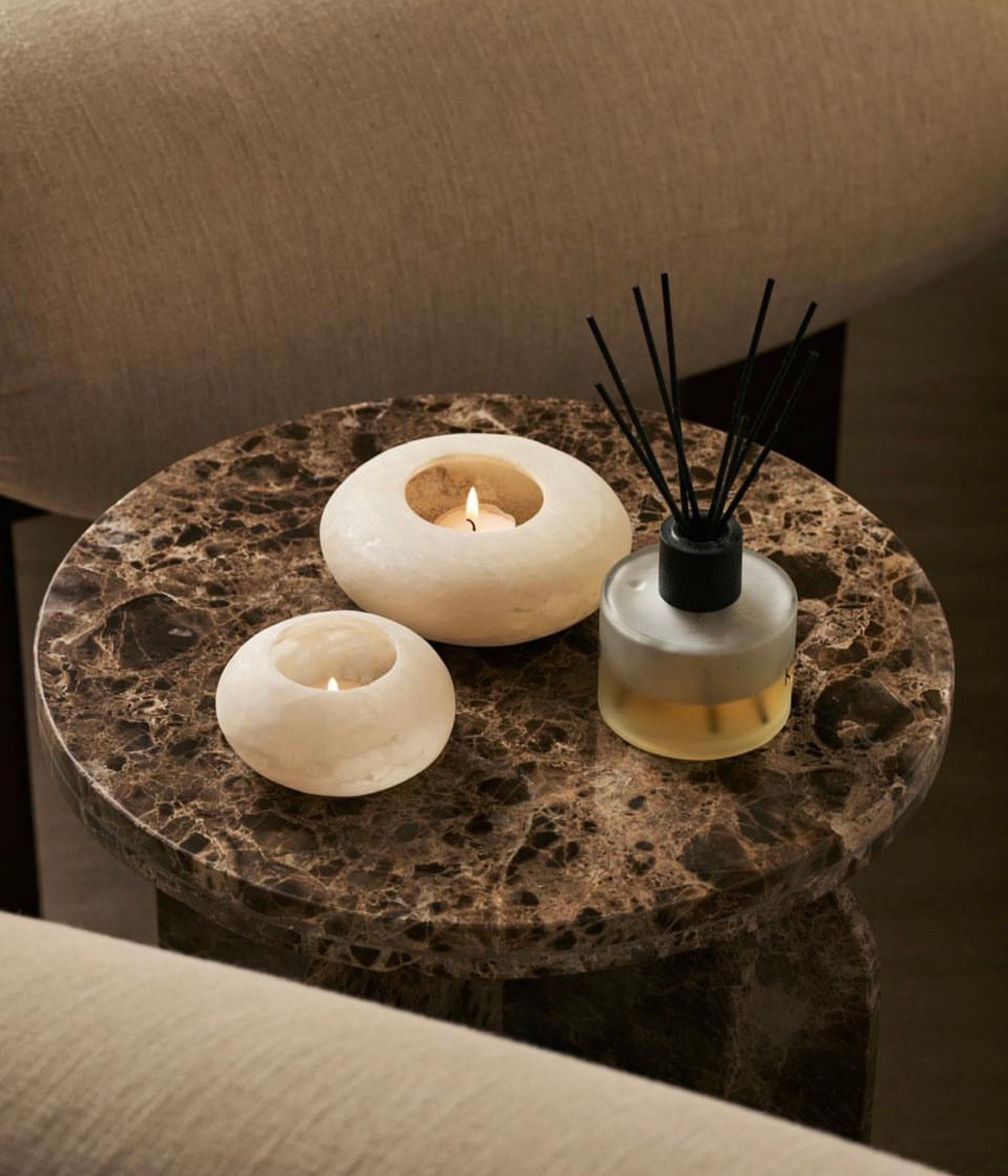 Alabaster Tealight Candle Holder- Frisbee , Alabaster pebble, Flat White Alabaster Tealight Holder