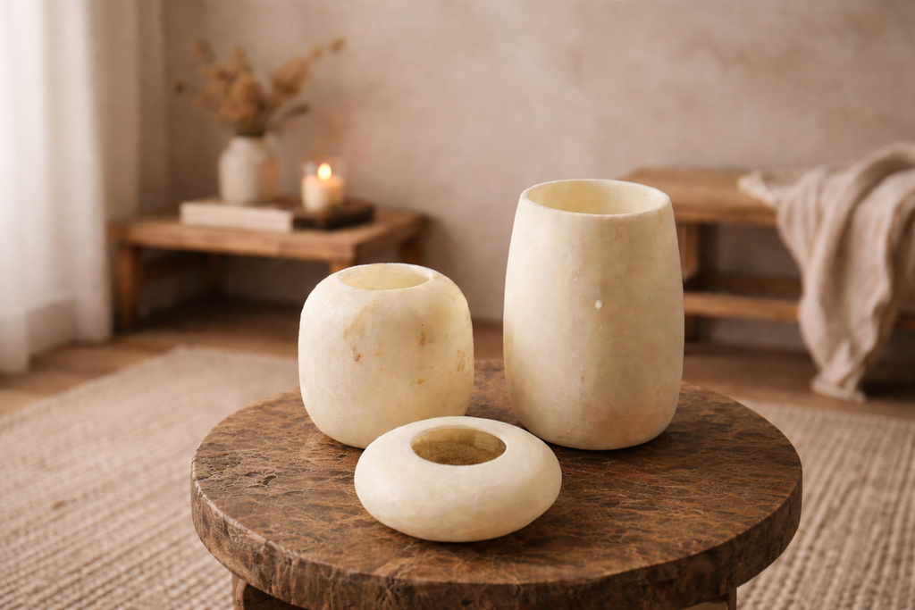 Alabaster Tealight Candle Holder- Frisbee , Alabaster pebble, Flat White Alabaster Tealight Holder