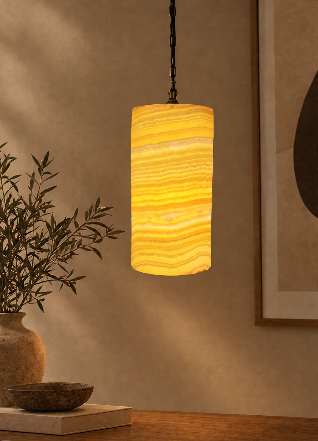 Handmade Natural Alabaster Pendant Light - Cylinder Stone Hanging Lamp for Bedroom & Kitchen Island - Luxury Ambient Lighting with Gold or Bronze Chain.