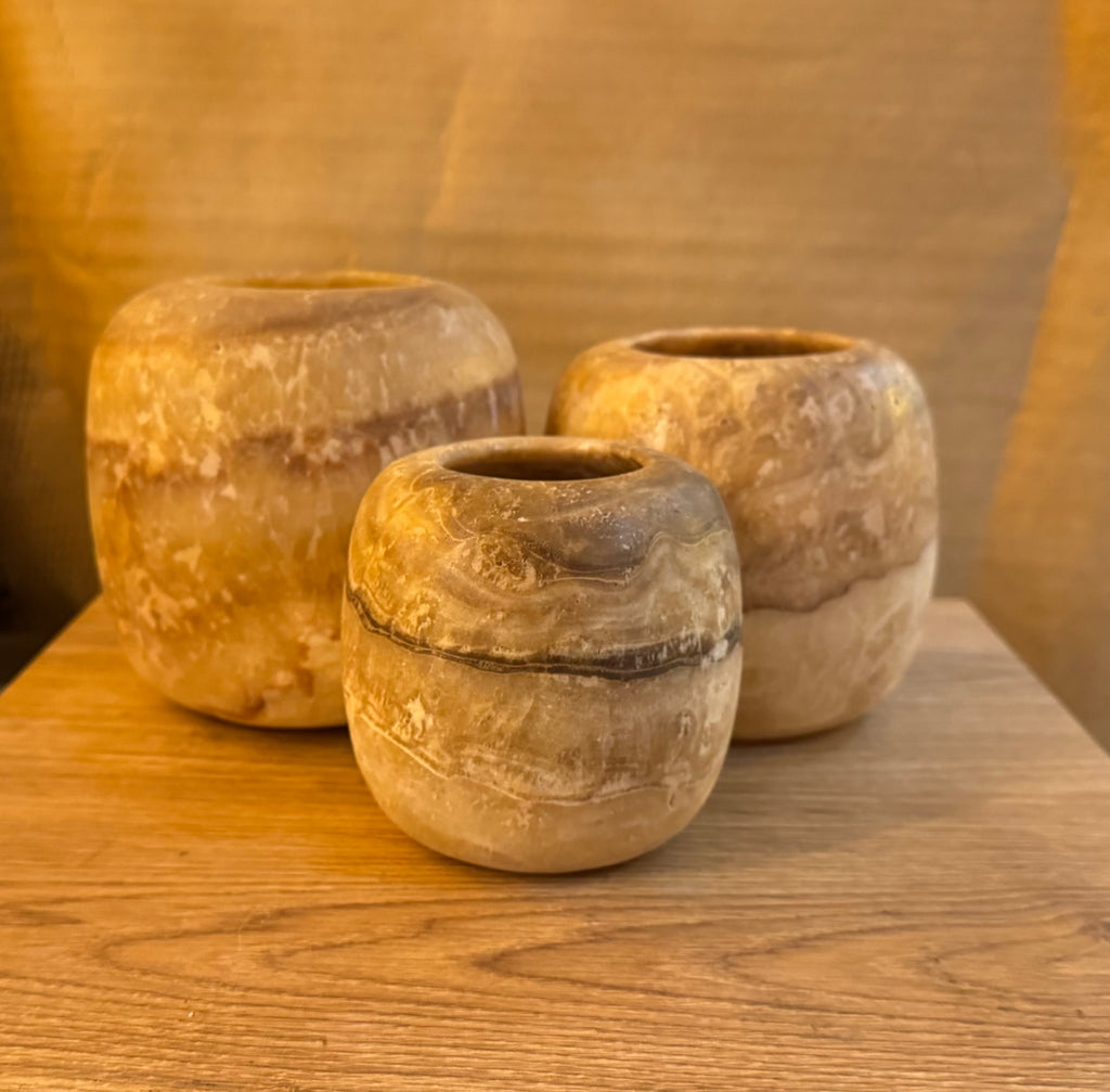 Natural Round Alabaster Candle Holder Set (3 Pieces) M&L