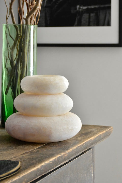 Alabaster Tealight Candle Holder- Frisbee , Alabaster pebble, Flat White Alabaster Tealight Holder