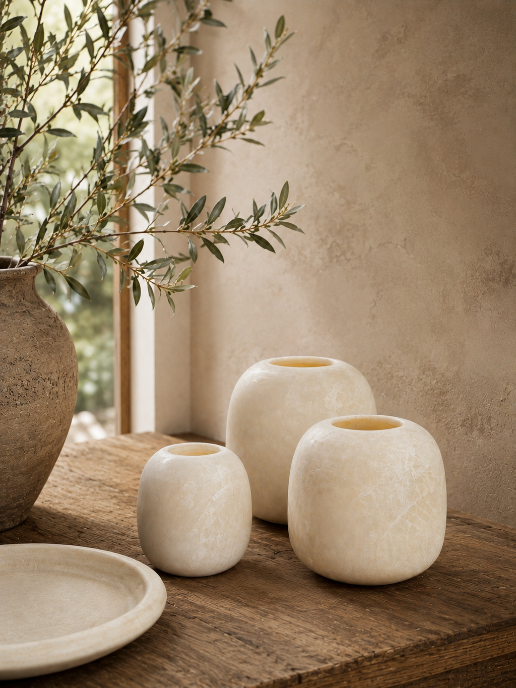 Handcrafted White Alabaster Tealight & Candle Holder Set Of 3