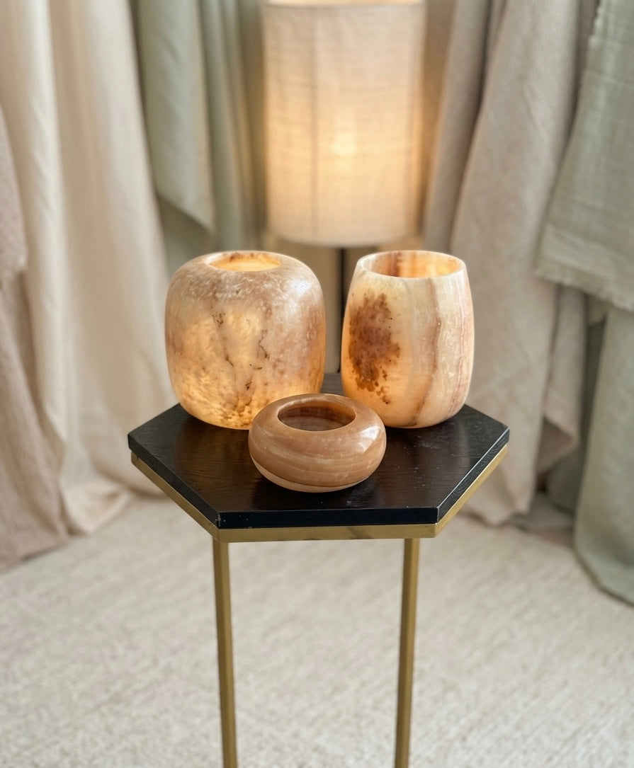 Handmade Natural Alabaster Candle Holder Set - Luxury Home Decor (Set of 3)