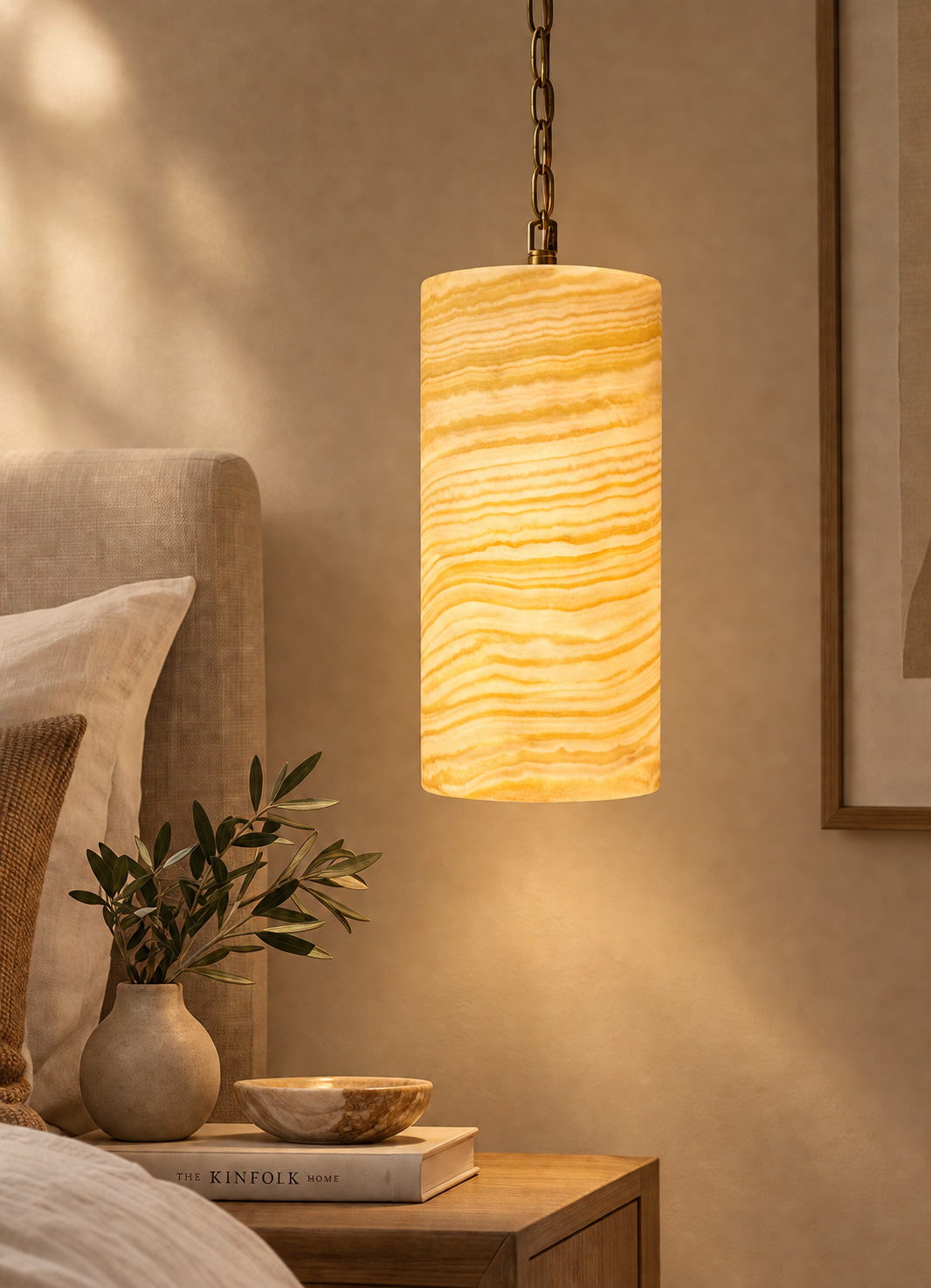 Handmade Natural Alabaster Pendant Light - Cylinder Stone Hanging Lamp for Bedroom & Kitchen Island - Luxury Ambient Lighting with Gold or Bronze Chain.