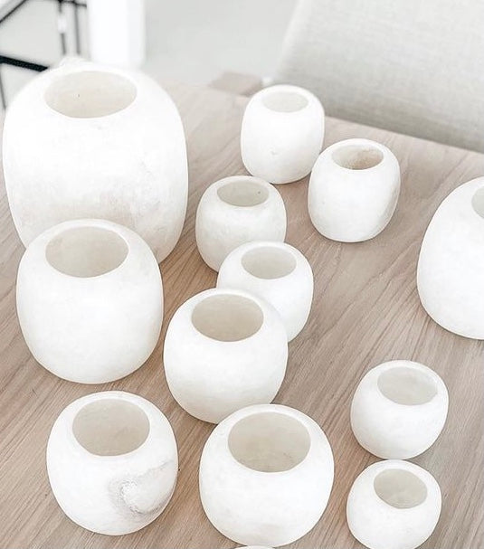 Set Of 2 White Alabaster Tealight Candle Holders, - ArabesqGifts | Handcrafted Moroccan Brass Lamps & Alabaster Decor