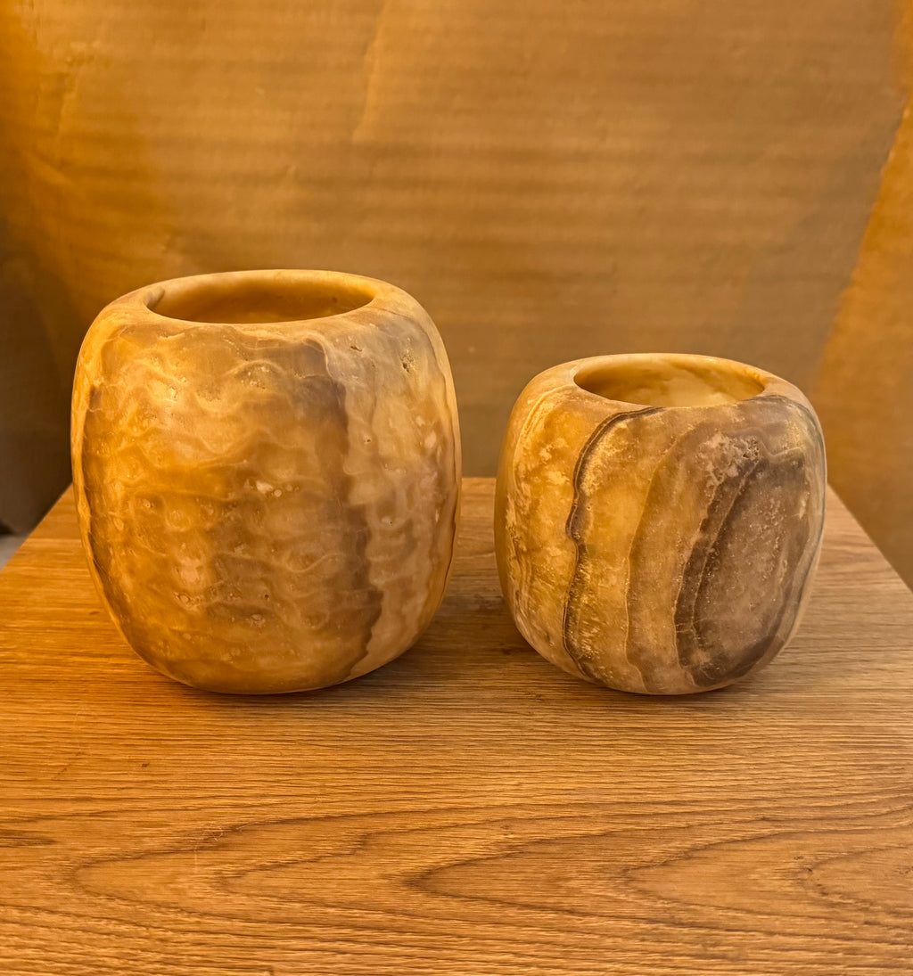 Natural Round Alabaster Candle Holder Set (2 Pieces) M&L