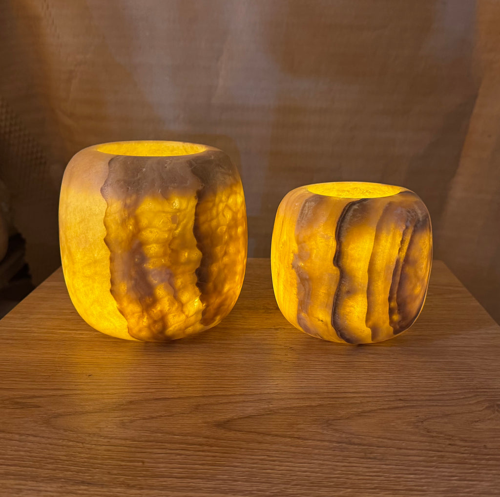 Natural Round Alabaster Candle Holder Set (2 Pieces) M&L