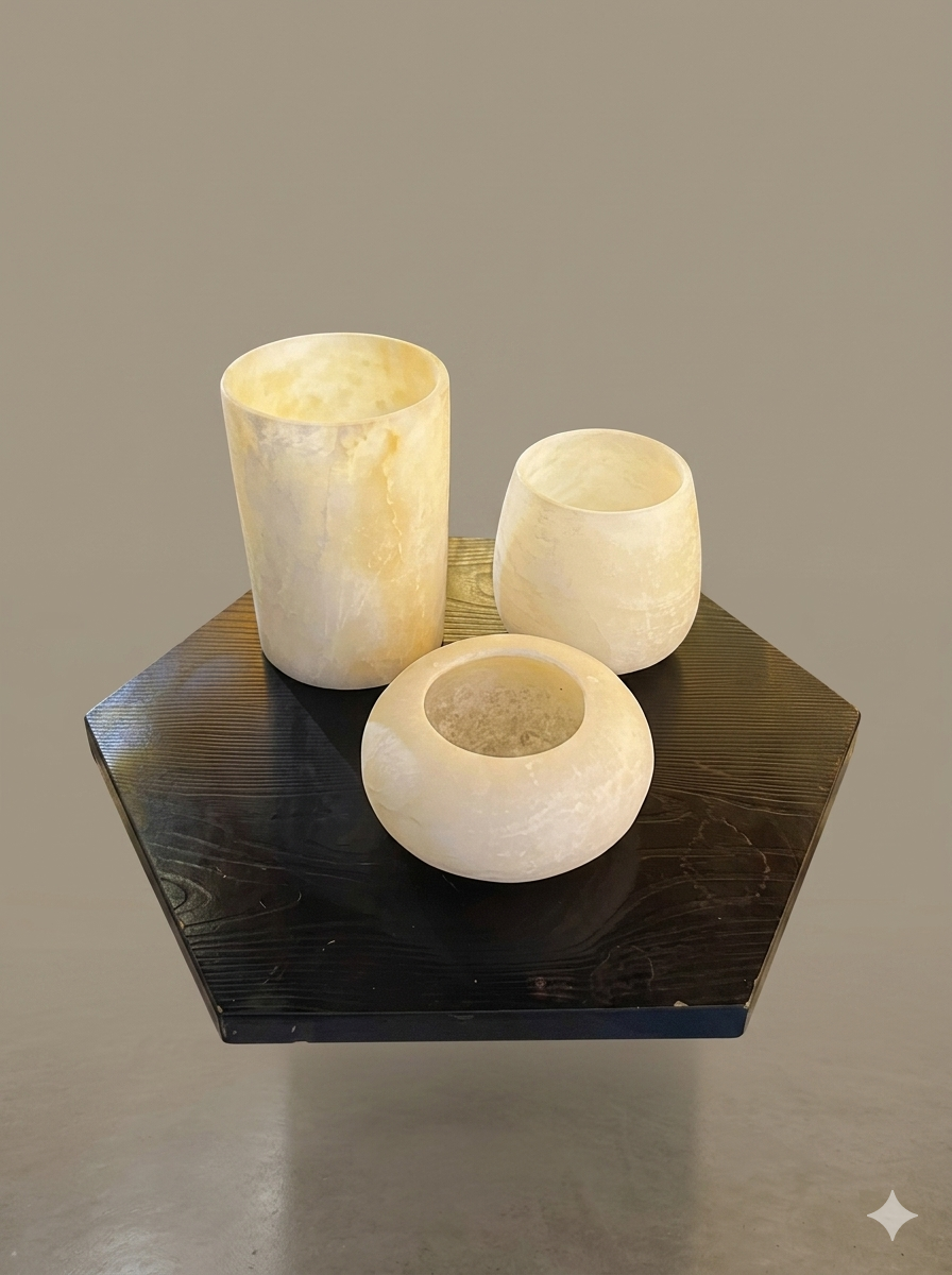 Handcrafted Natural White Alabaster Candle Holders Set (3 Pieces)