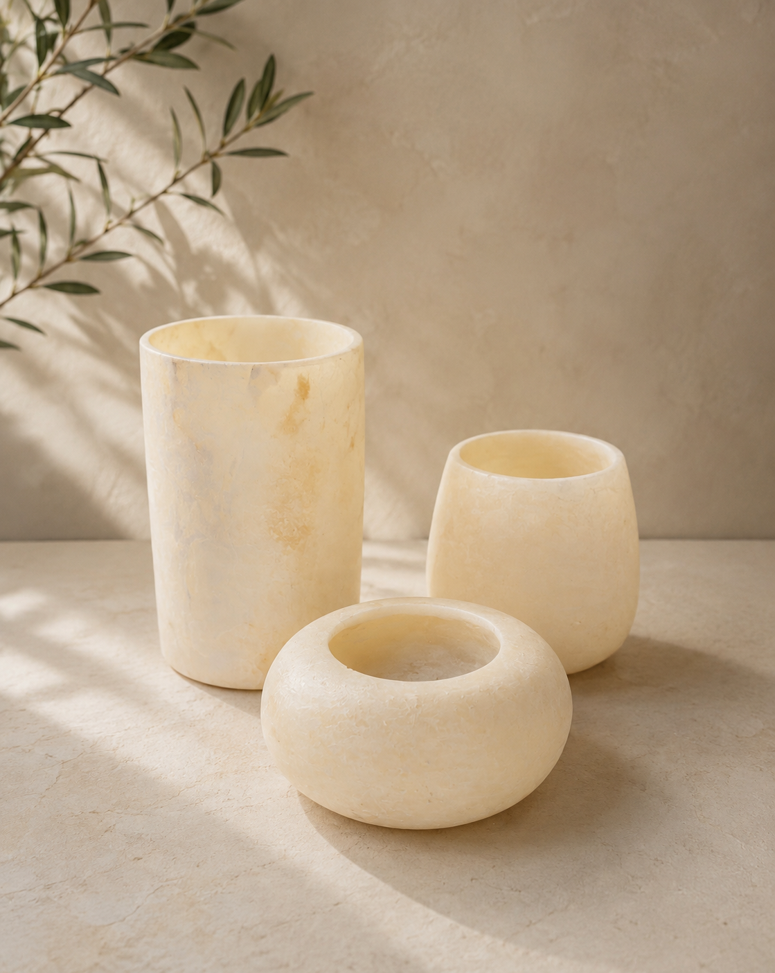 Handcrafted Natural White Alabaster Candle Holders Set (3 Pieces)