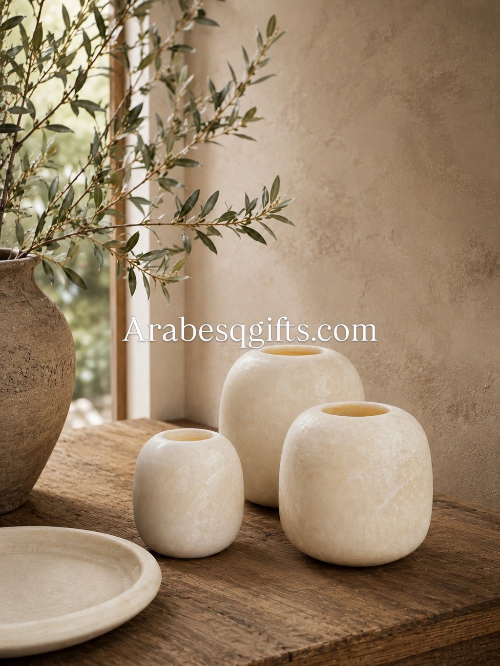 Handcrafted White Alabaster Tealight & Candle Holder Set Of 3