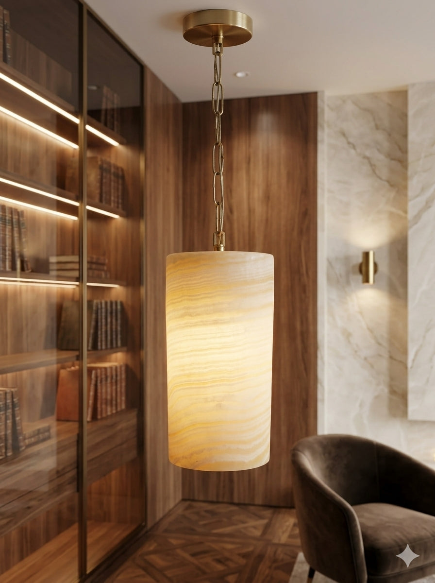 Handmade Natural Alabaster Pendant Light - Cylinder Stone Hanging Lamp for Bedroom & Kitchen Island - Luxury Ambient Lighting with Gold or Bronze Chain.