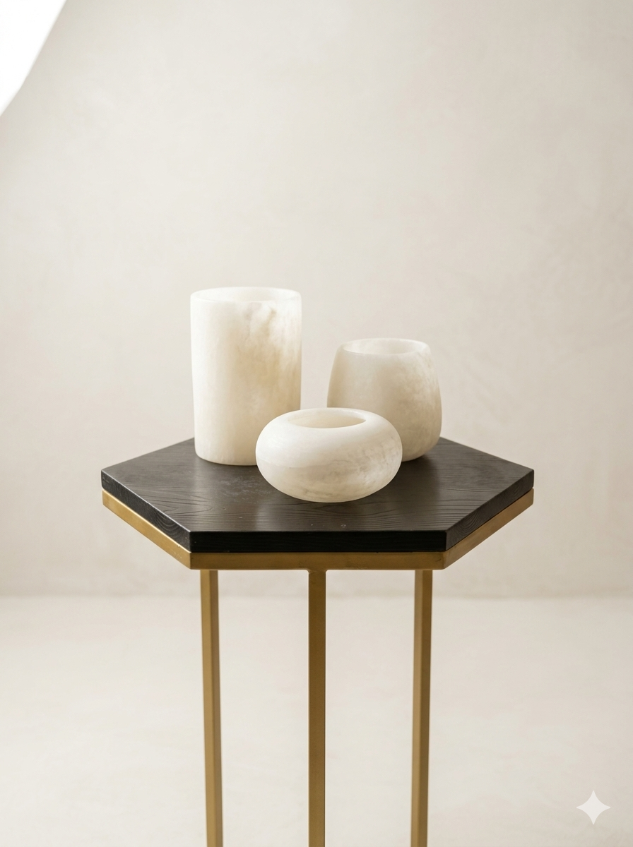 Three white stone vases of different shapes displayed on a modern hexagonal side table with a black top and gold legs, set against a warm beige background.