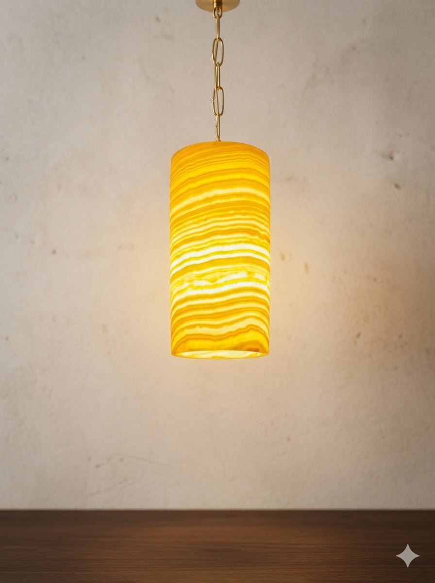 Handmade Natural Alabaster Pendant Light - Cylinder Stone Hanging Lamp for Bedroom & Kitchen Island - Luxury Ambient Lighting with Gold or Bronze Chain.