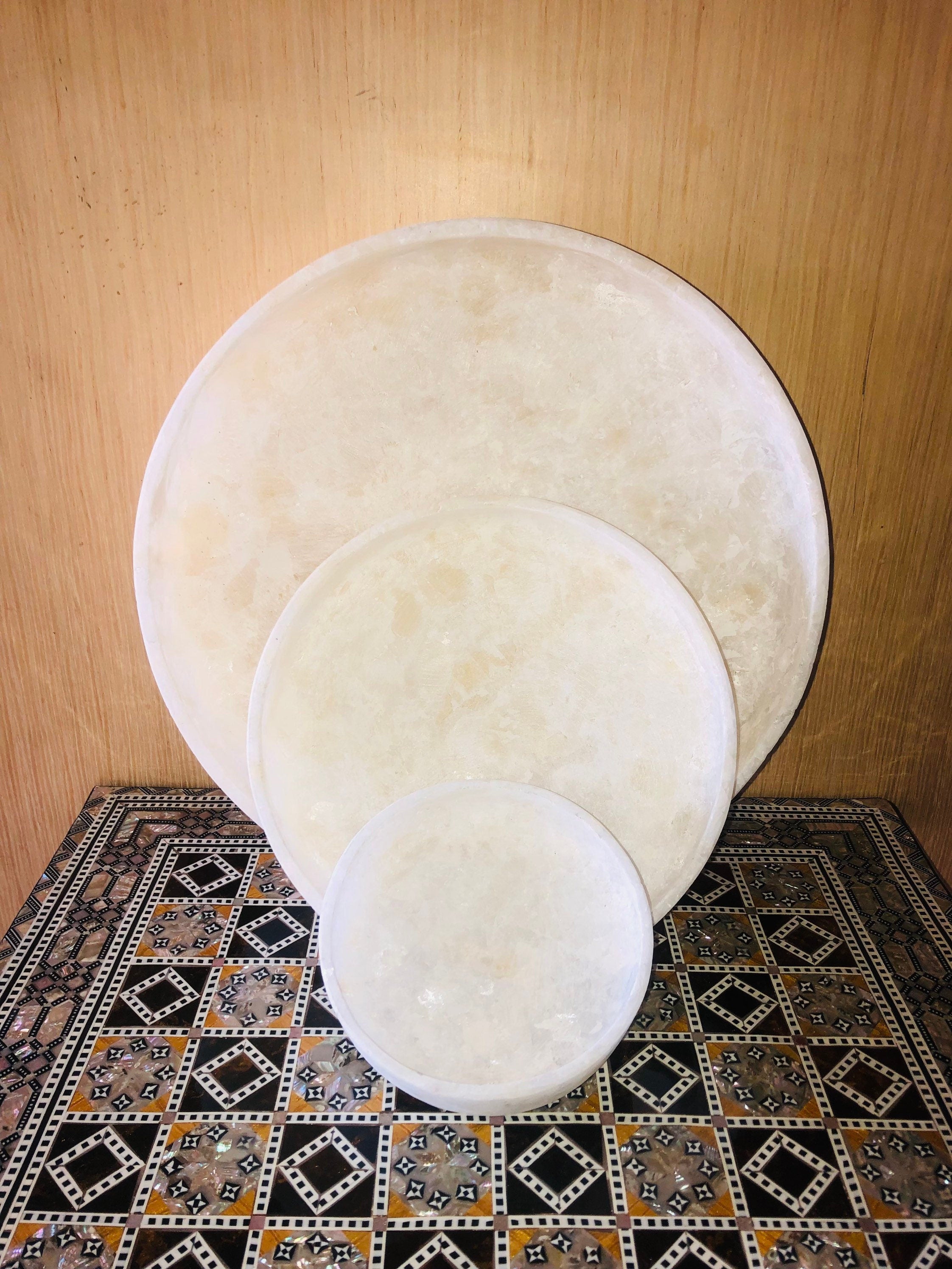 Egyptian White Alabaster Trays, ALABASTER ROUND TRAY, natural one piece of stone, Serving Trays
