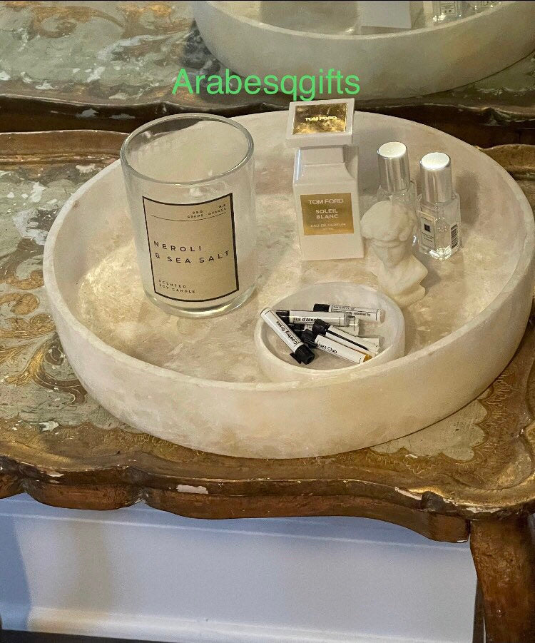 Egyptian White Alabaster Trays, ALABASTER ROUND TRAY, natural one piece of stone, Serving Trays