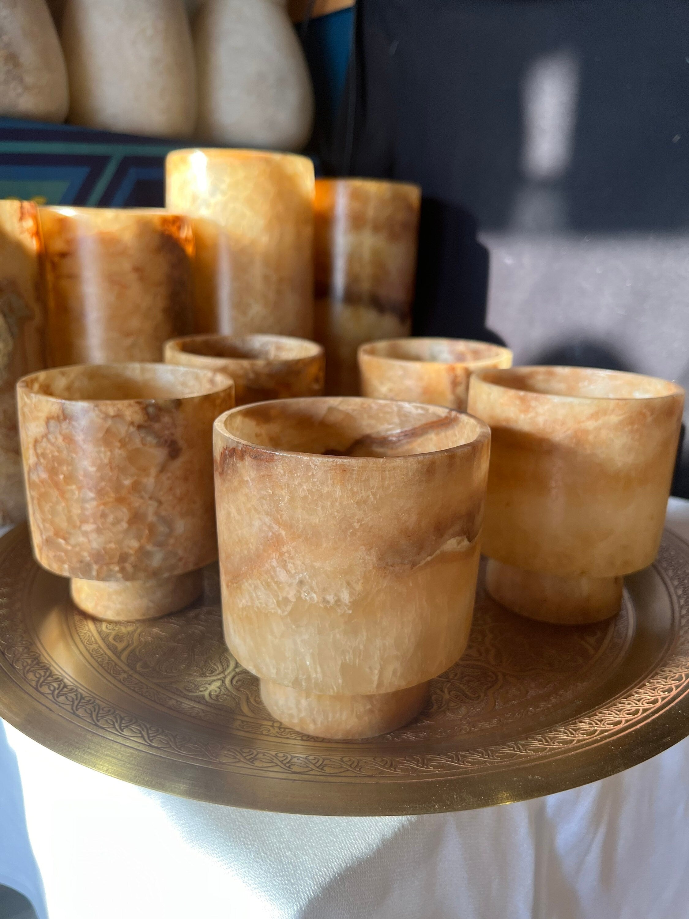 Egyptian White Brown Alabaster Stone Tea Light Candle Holder Alabaster Candle Holder Natural Stone One piece of Stone