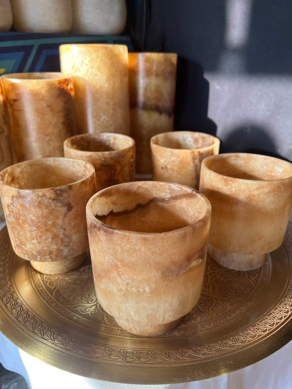 Egyptian White Brown Alabaster Stone Tea Light Candle Holder Alabaster Candle Holder Natural Stone One piece of Stone