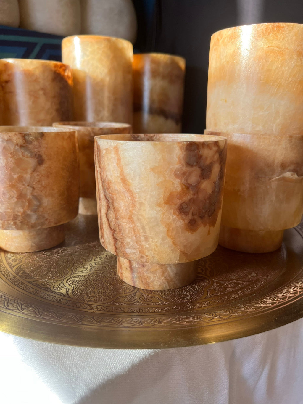 Egyptian White Brown Alabaster Stone Tea Light Candle Holder Alabaster Candle Holder Natural Stone One piece of Stone