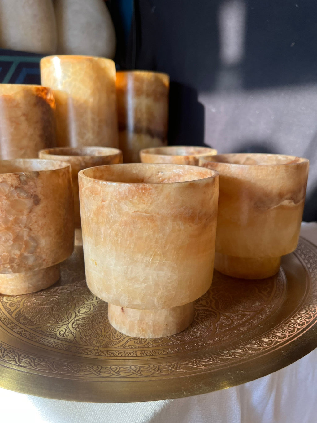 Egyptian White Brown Alabaster Stone Tea Light Candle Holder Alabaster Candle Holder Natural Stone One piece of Stone