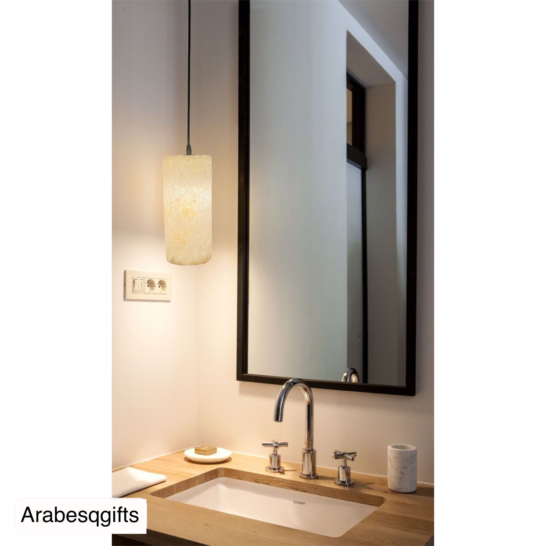 Cylinder9.8” White Alabaster Pendant Lamp, Hanging Lamp, Ceiling Light, Natural Stone