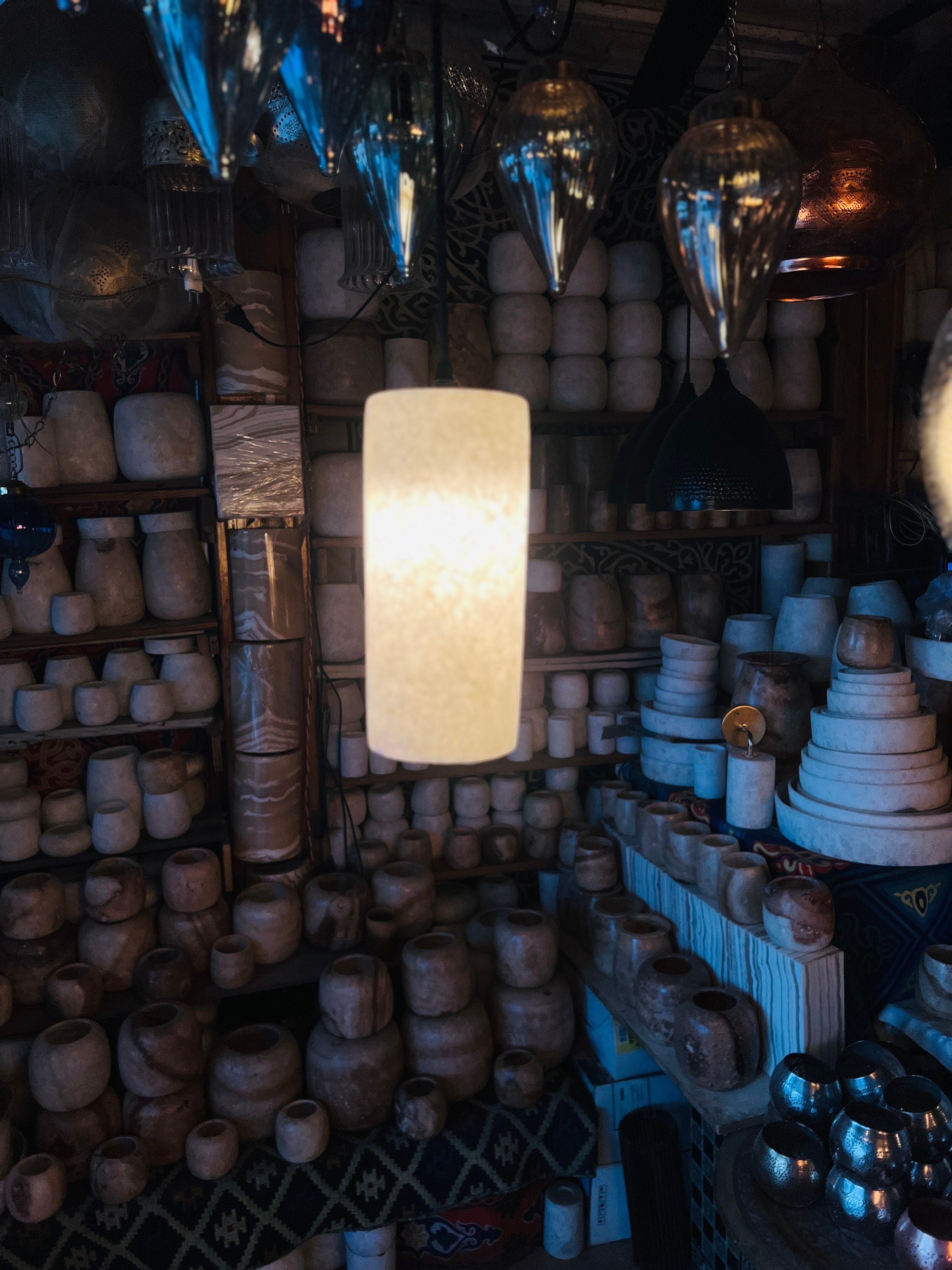 Cylinder9.8” White Alabaster Pendant Lamp, Hanging Lamp, Ceiling Light, Natural Stone