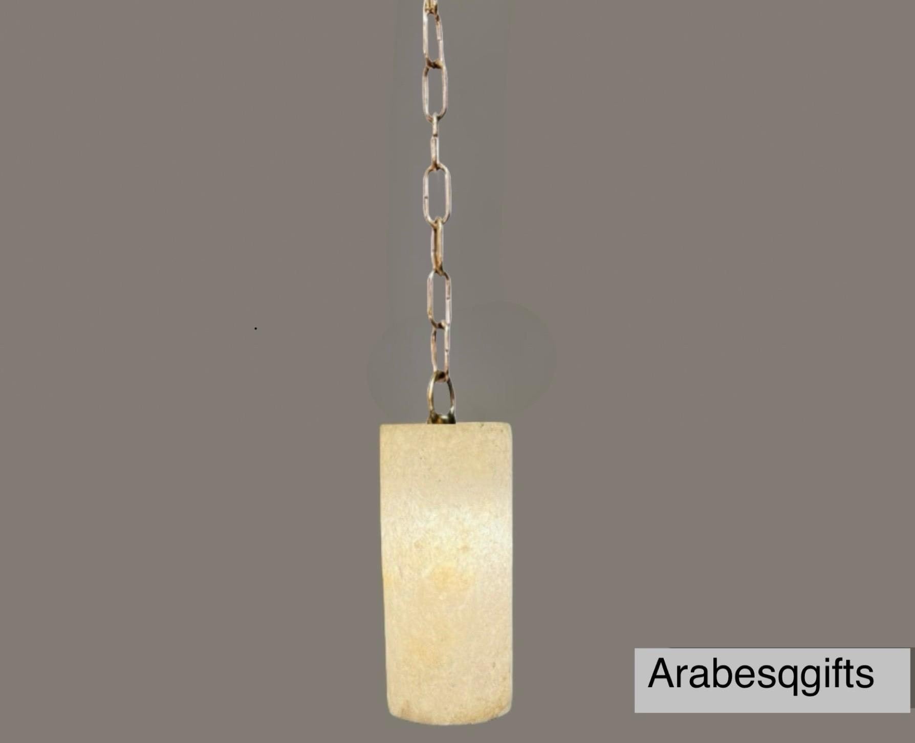 Cylinder9.8” White Alabaster Pendant Lamp, Hanging Lamp, Ceiling Light, Natural Stone