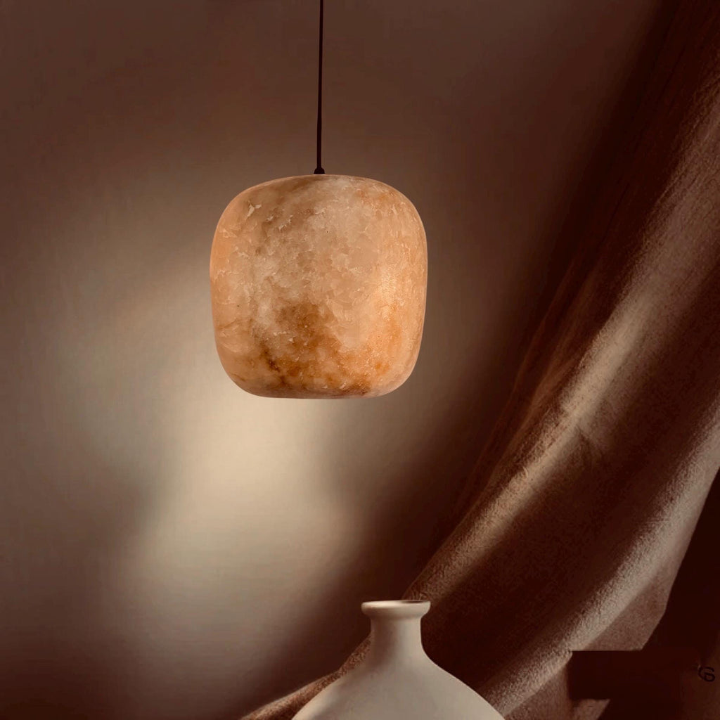 Natural Brown alabaster pendant light with black cord. Cieling Lights . Hanging Lamps