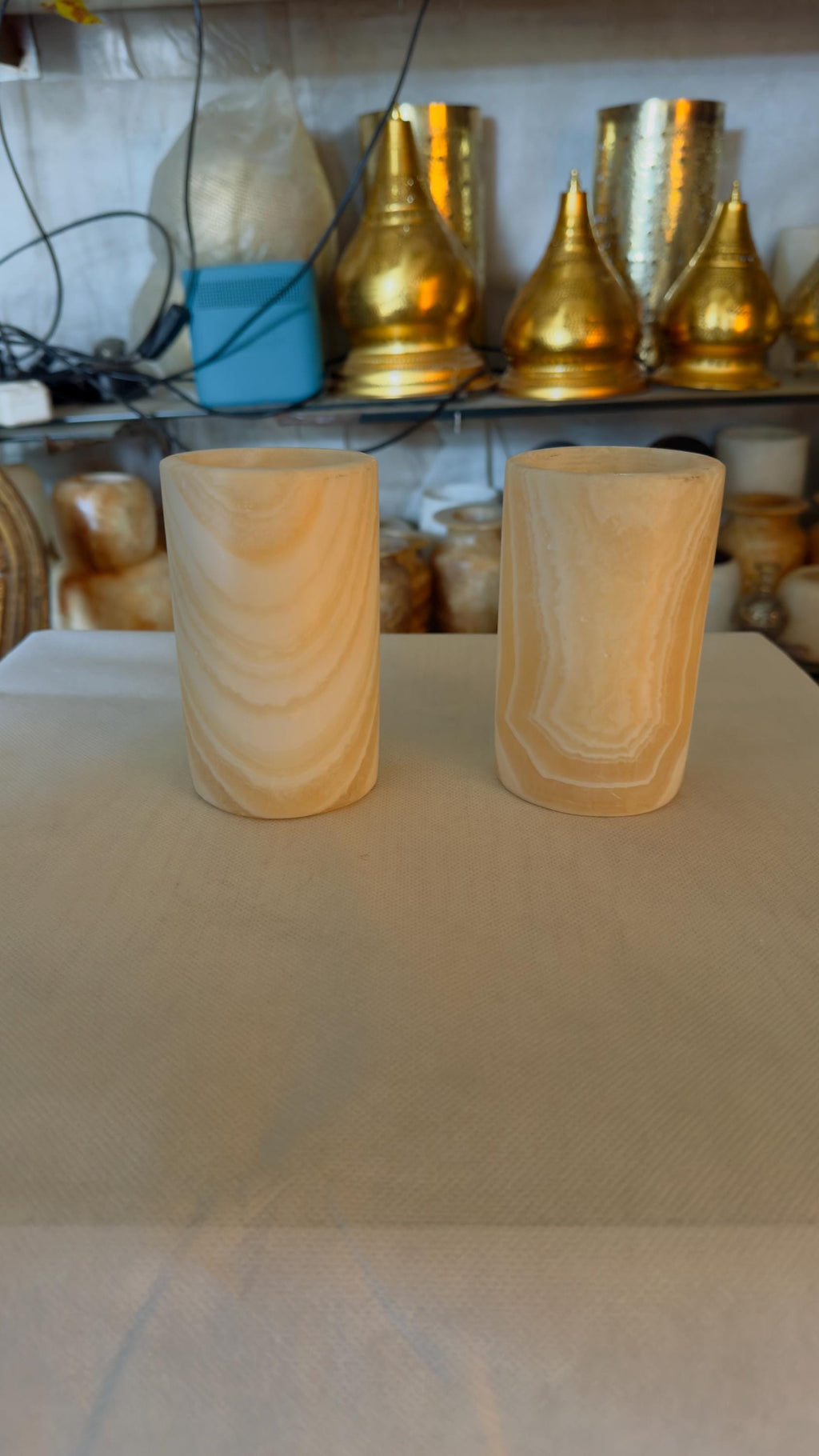 ALABASTER Handcrafted CANDLE HOLDER . Tea Light Candle Holder. Egyptian Arabic Alabaster cylinder shape