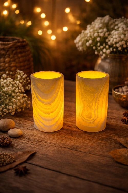 ALABASTER Handcrafted CANDLE HOLDER . Tea Light Candle Holder. Egyptian Arabic Alabaster cylinder shape