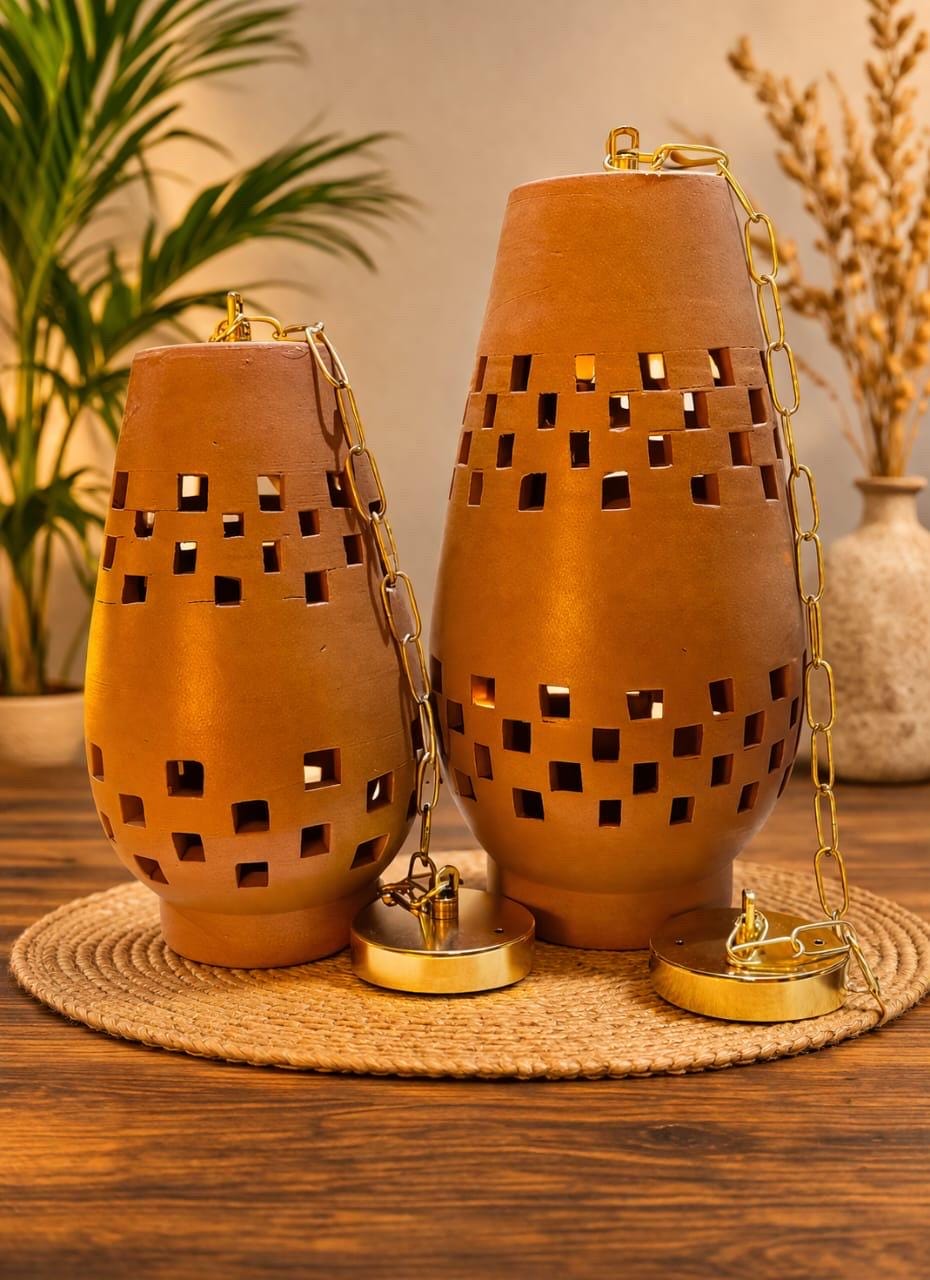 Clay Set Of 2 Pendant Lamp, Clay Ceiling Light, Hanging Lights, Terracotta Finish