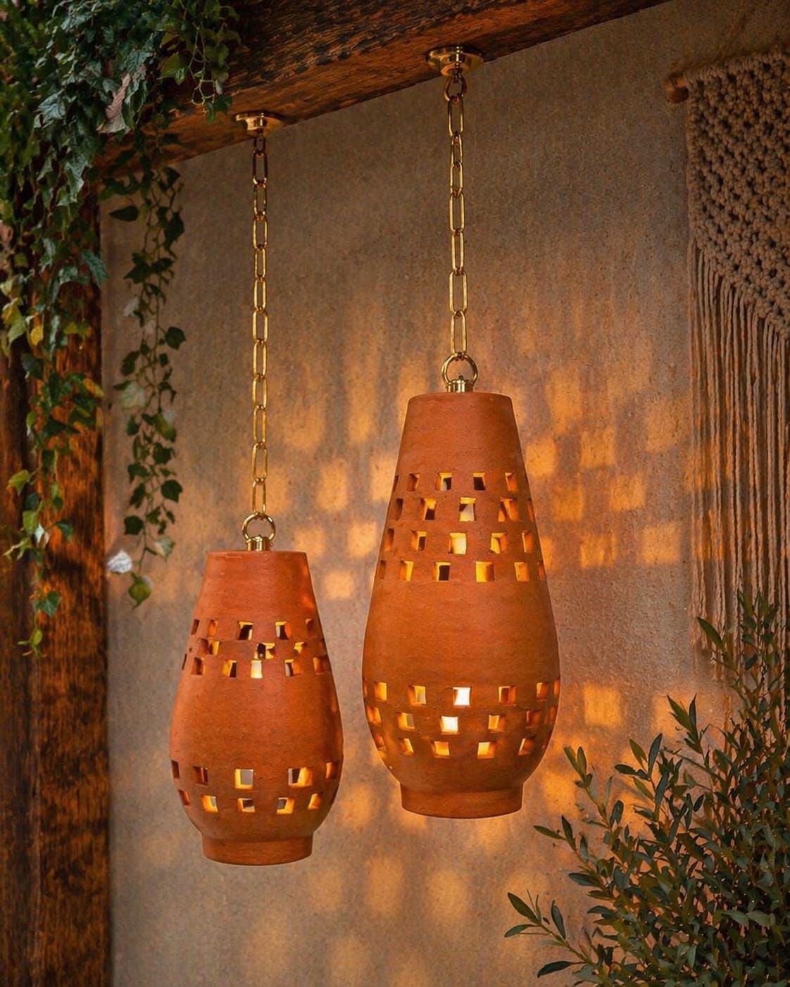 Clay Set Of 2 Pendant Lamp, Clay Ceiling Light, Hanging Lights, Terracotta Finish