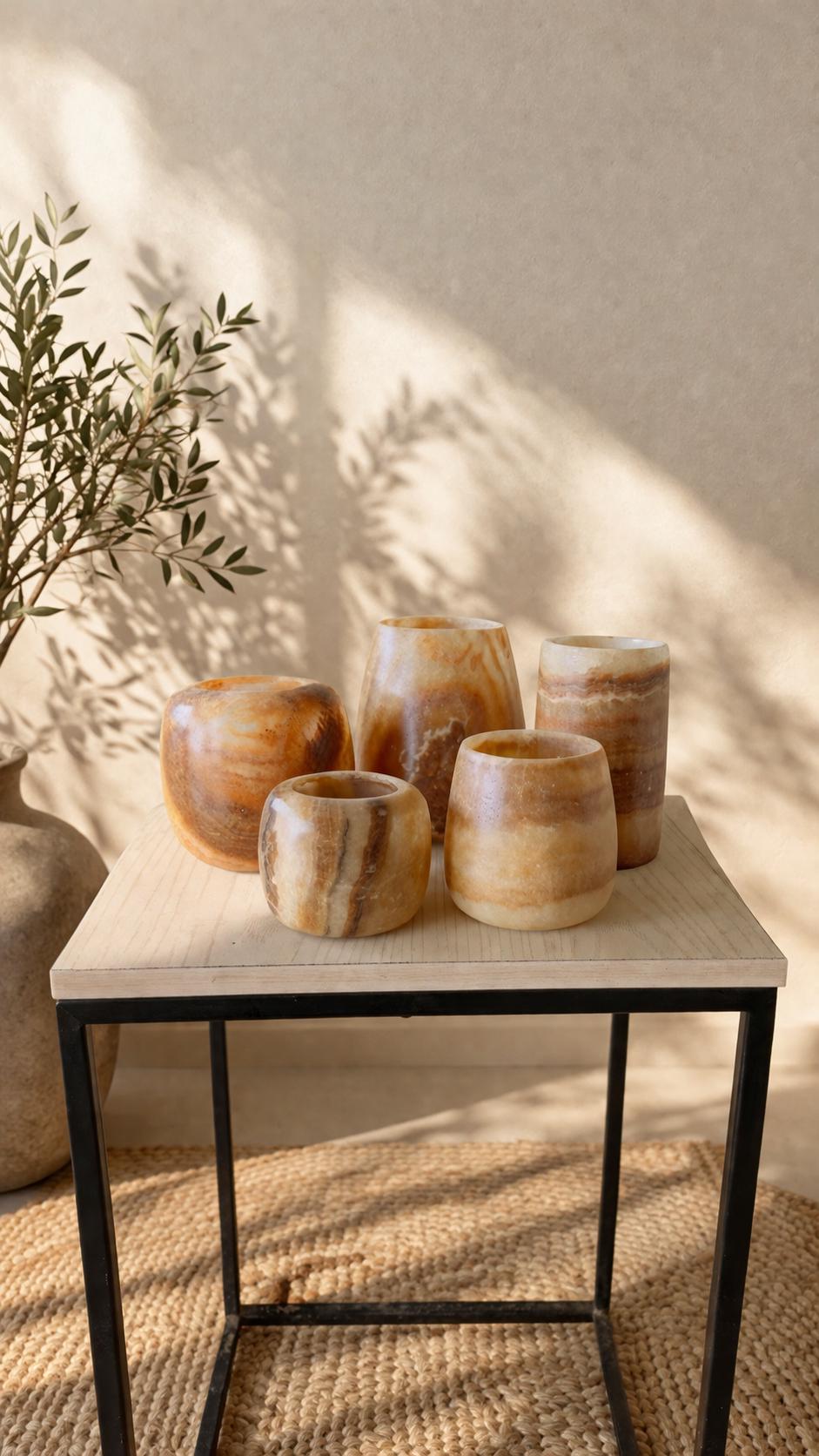 ALABASTER Handcrafted SET OF 5, Brown Alabaster Candle Holder. Tea Light Candle Holder. Egyptian Arabic Alabaster