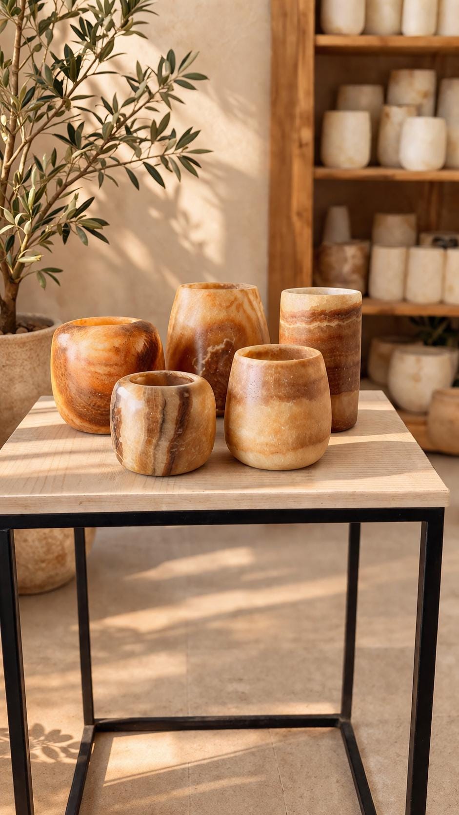 ALABASTER Handcrafted SET OF 5, Brown Alabaster Candle Holder. Tea Light Candle Holder. Egyptian Arabic Alabaster