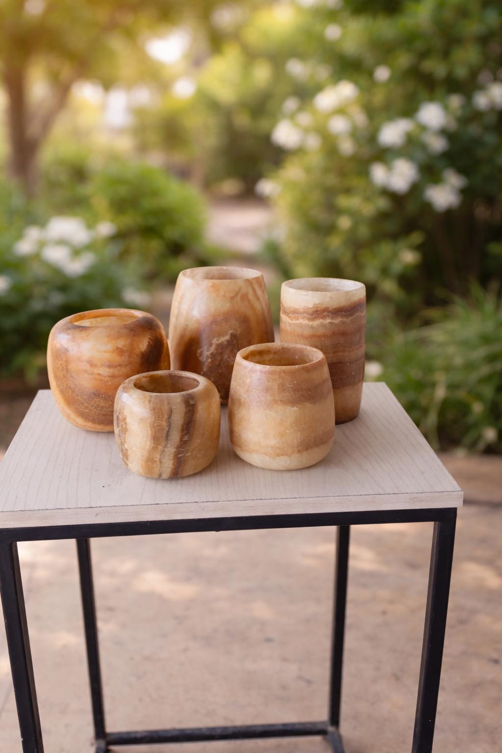 ALABASTER Handcrafted SET OF 5, Brown Alabaster Candle Holder. Tea Light Candle Holder. Egyptian Arabic Alabaster