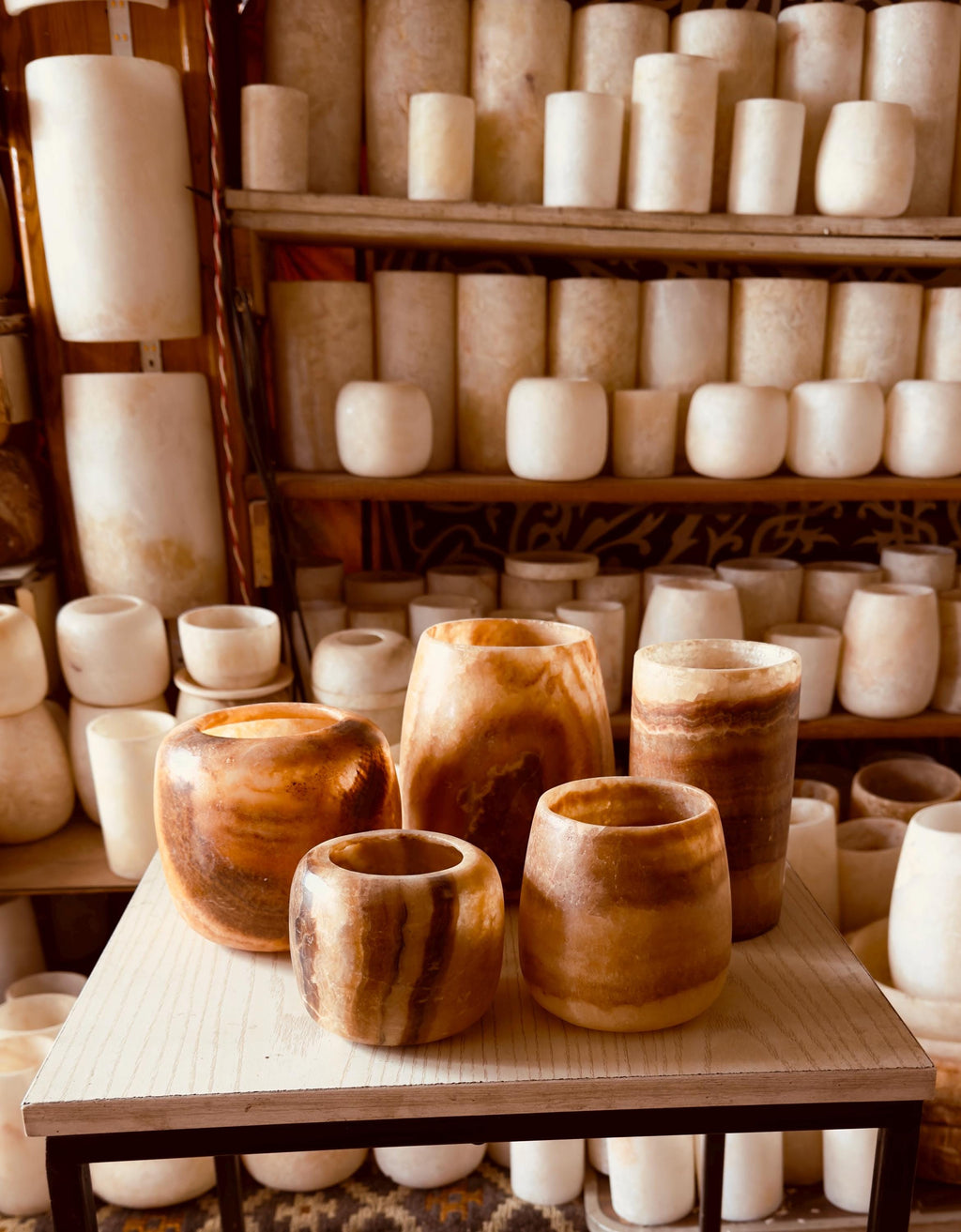 ALABASTER Handcrafted SET OF 5, Brown Alabaster Candle Holder. Tea Light Candle Holder. Egyptian Arabic Alabaster