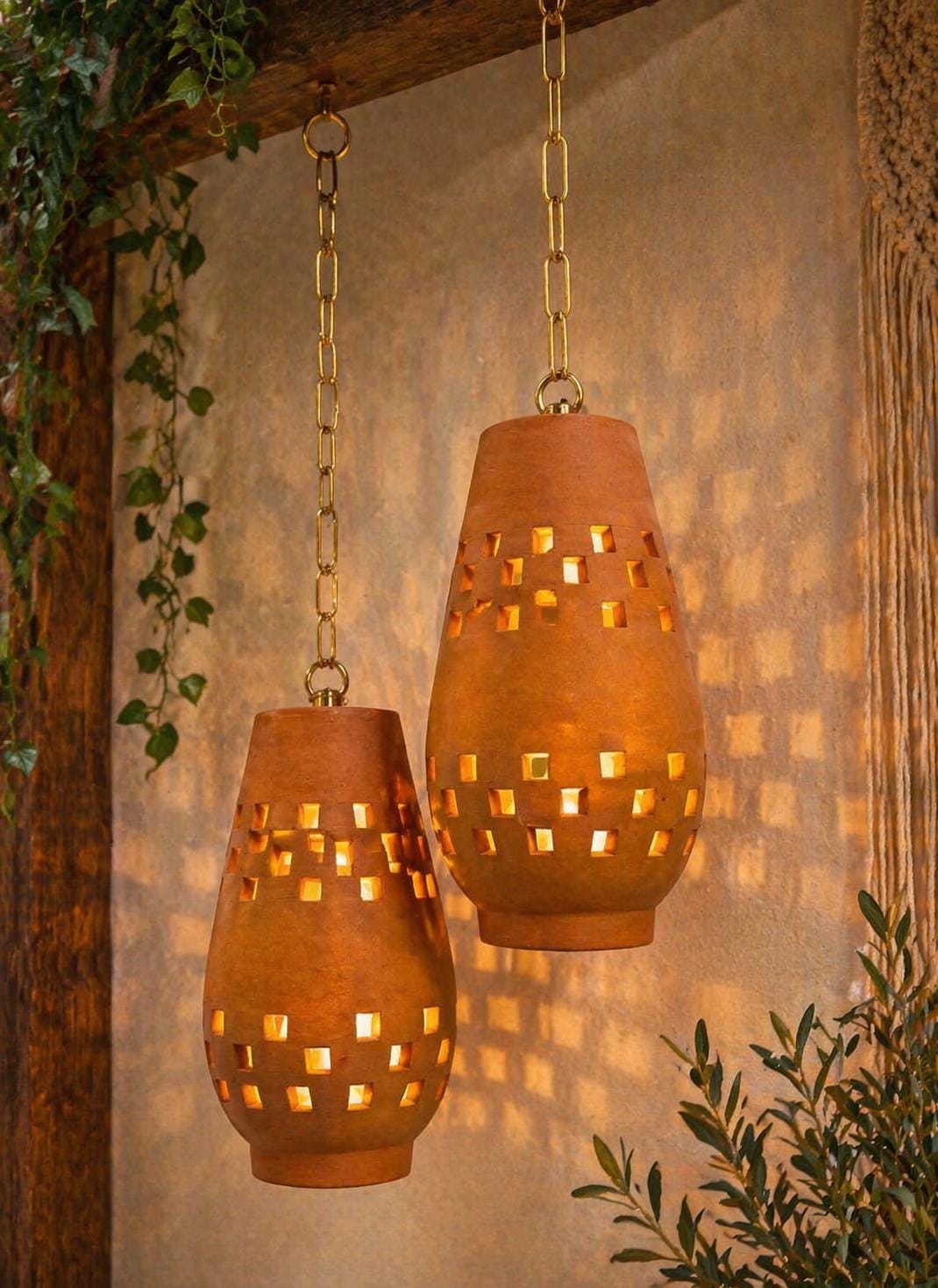 Clay Set Of 2 Pendant Lamp, Clay Ceiling Light, Hanging Lights, Terracotta Finish