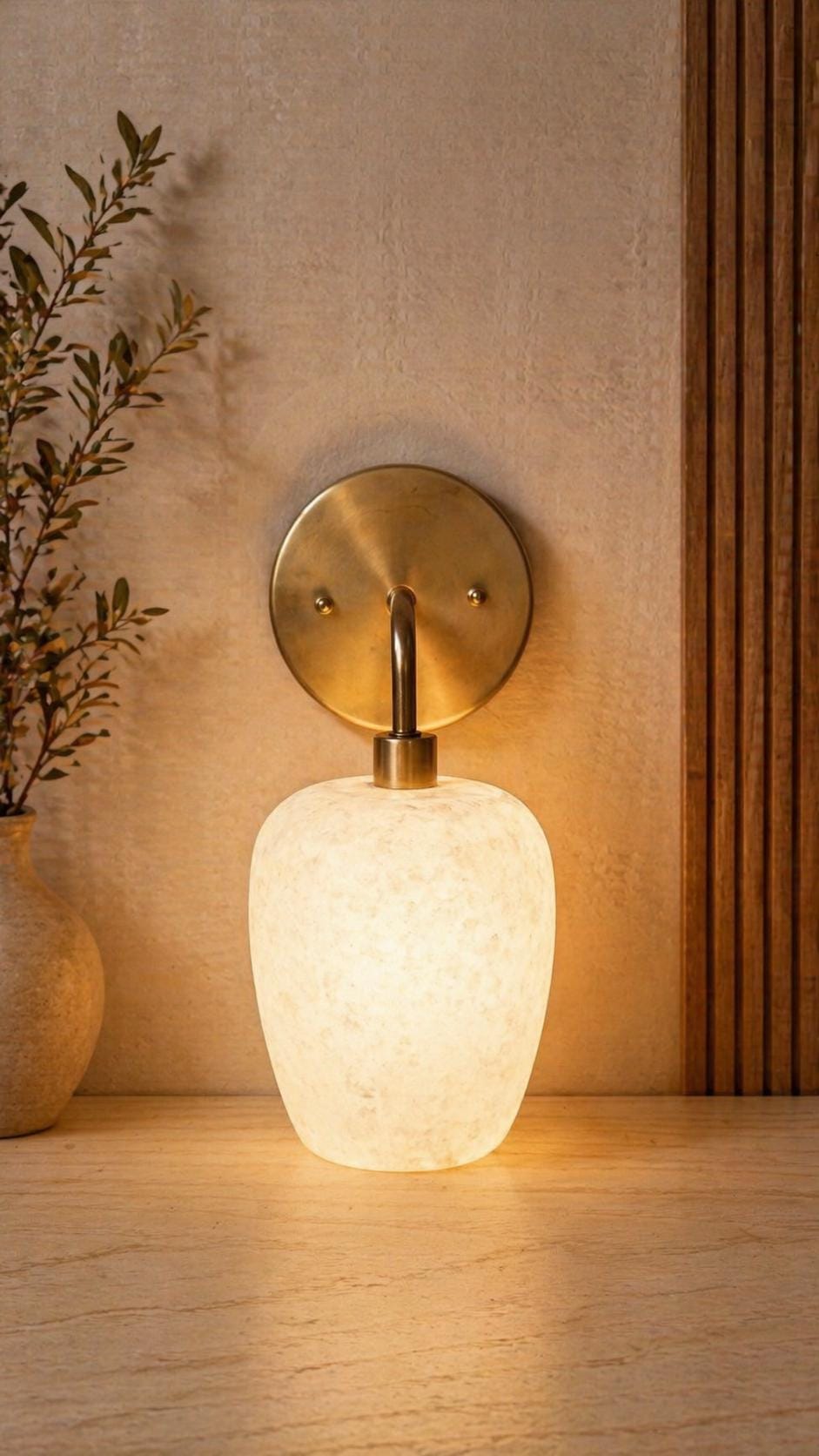 White Alabaster Wall Lamp, Natural Stone Light Fixture, Unique Wall Lamp, Elegant Ambient Lighting for Home Décor”