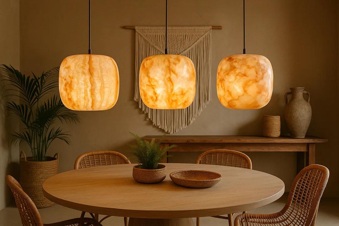 Natural Brown alabaster pendant light with black cord. Cieling Lights . Hanging Lamps