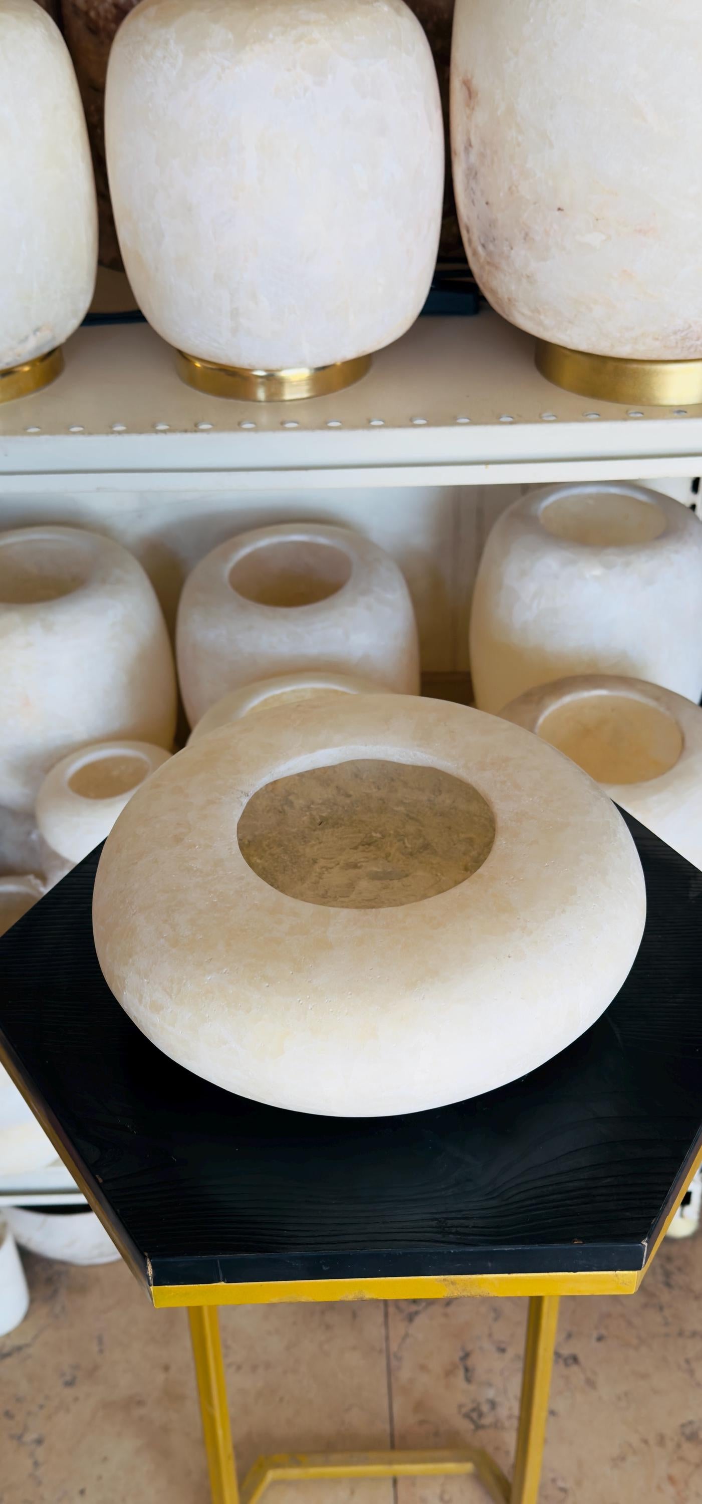 10” Egyptian White Alabaster, ALABASTER Handcrafted CANDLE HOLDER . Tea Light Candle Holder. Natural white stone. Flat White